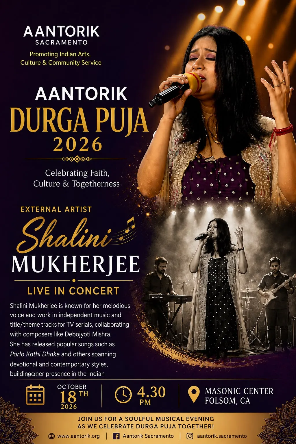 Shalini Mukherjee live in concert at Aantorik Durga Puja 2026 flyer